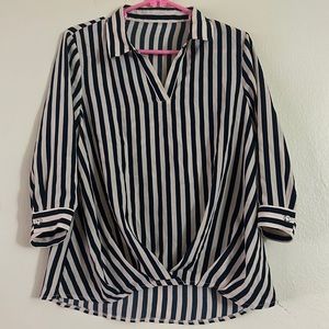 Women's Navy Striped V-Neck Blouse